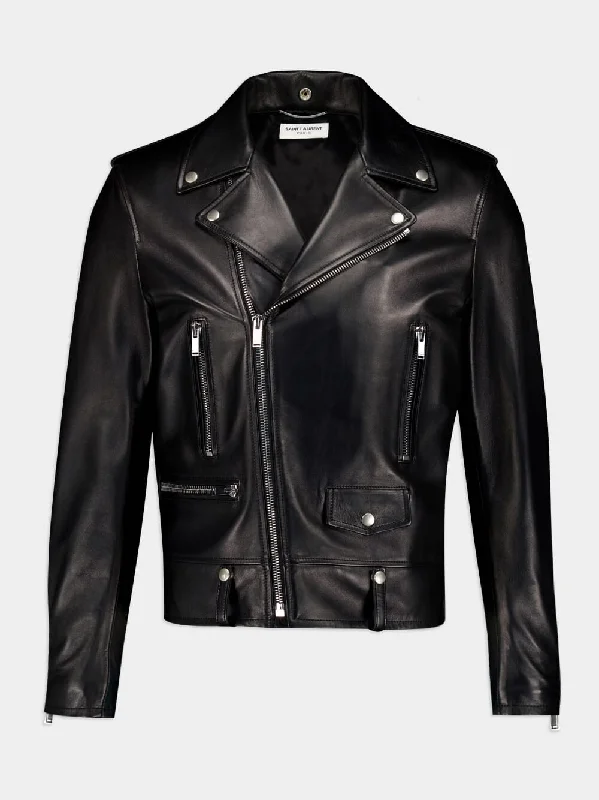 Jackets for sunset walks -Plunged Lambskin Motorcycle Jacket