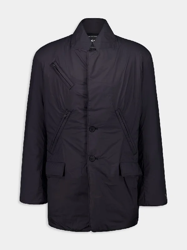 Jackets in satin -Black Multi-Pocket Padded Jacket