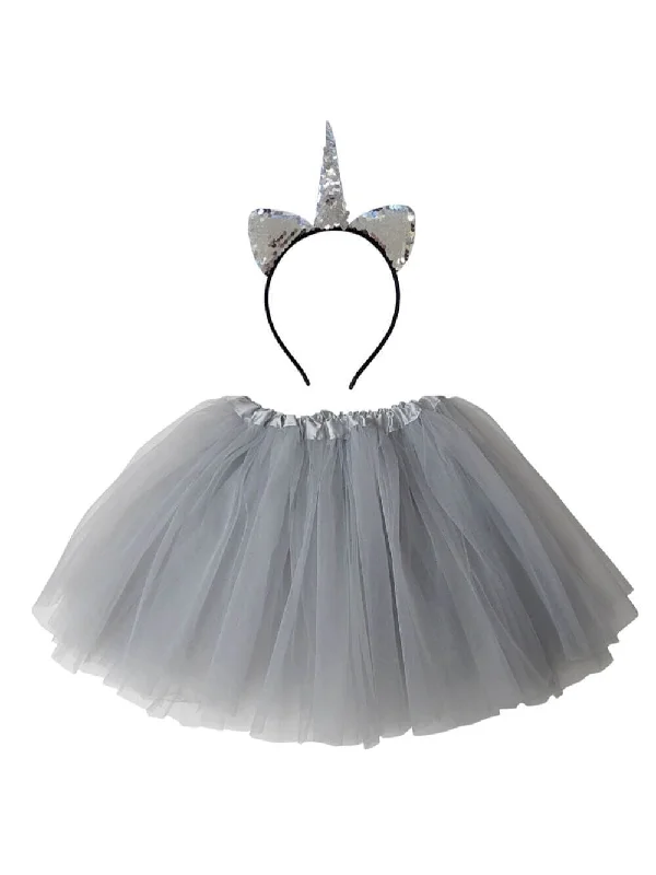 Shorts & Skirts premium designs-Adult Silver Unicorn Costume - Tutu Skirt & Flip Sequin Headband Horn Set for Adult or Plus Size