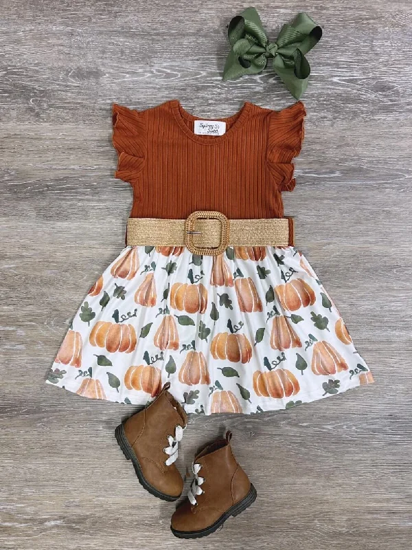 Shorts & Skirts party wear-Hello Pumpkin Girls Short Sleeve Belted Dress