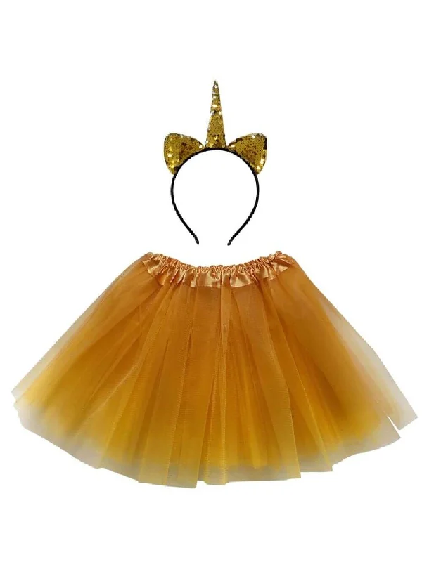 Shorts & Skirts affordable fits-Adult Gold Unicorn Costume - Tutu Skirt & Flip Sequin Headband Horn Set for Adult or Plus Size