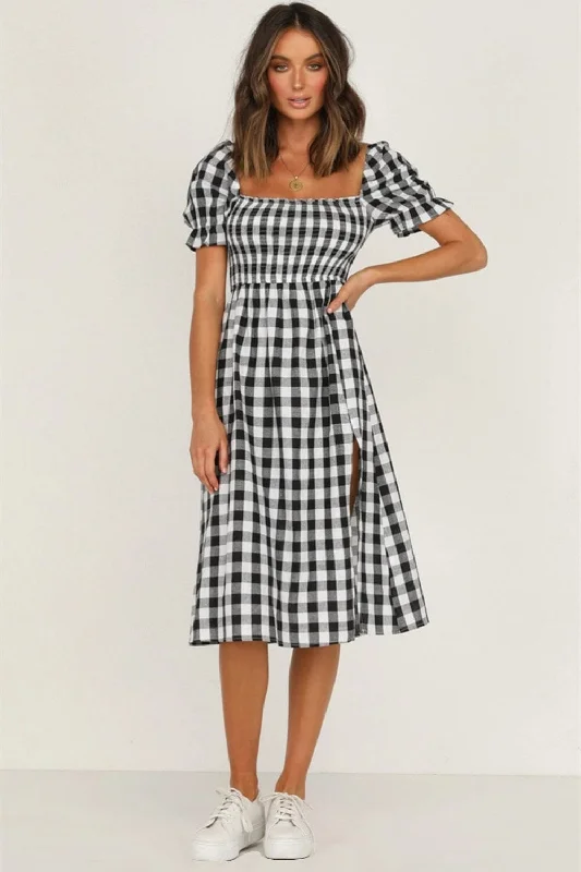 Shorts & Skirts comfy styles-Full Size Slit Plaid Short Sleeve Midi Dress