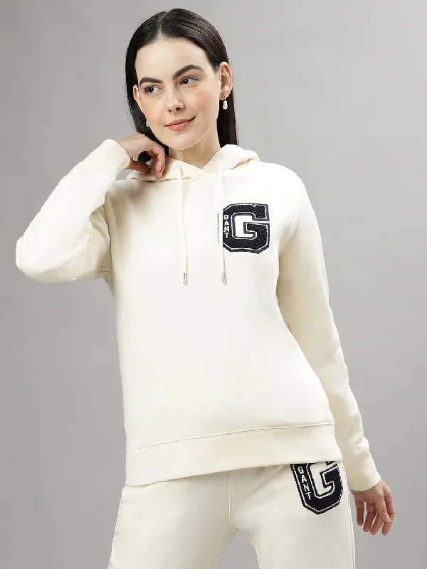 Sweatshirts with pillow prints-Gant Women Cream Solid Hooded Long Sleeves Sweatshirts