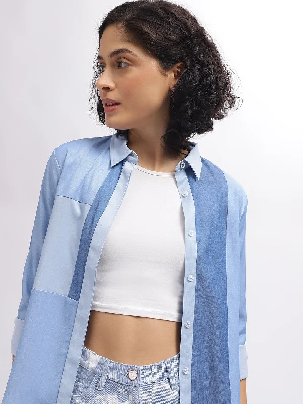 Blouses & Shirts classic-Iconic Women Blue Colour Blocked Spread Collar Full Sleeves Shirt