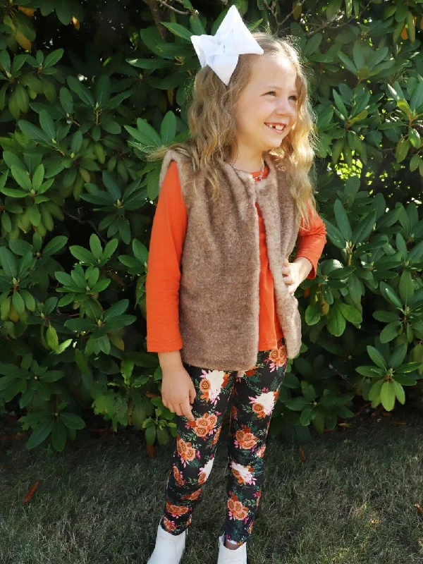 Waistcoats & Vest with country music-Rust Rose Floral Vintage Fur Vest Girls Three Piece Outfit