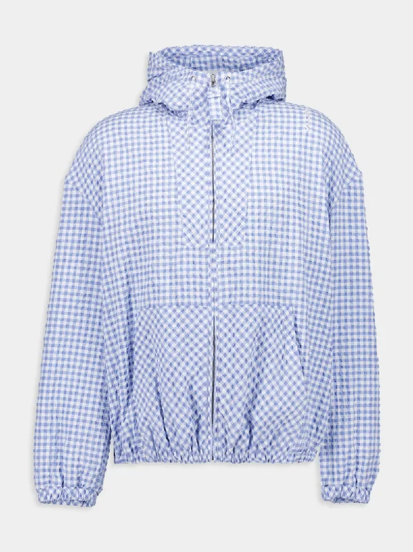 Jackets in nylon -Light Blue Checked Seersucker Hooded Jacket