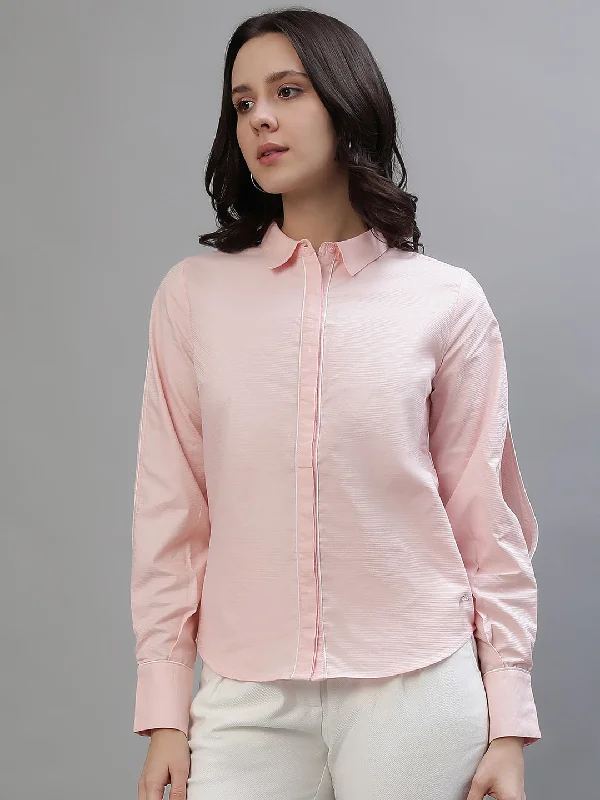 Blouses & Shirts casual-Iconic Women Pink Solid Spread Collar Full Sleeves Shirt