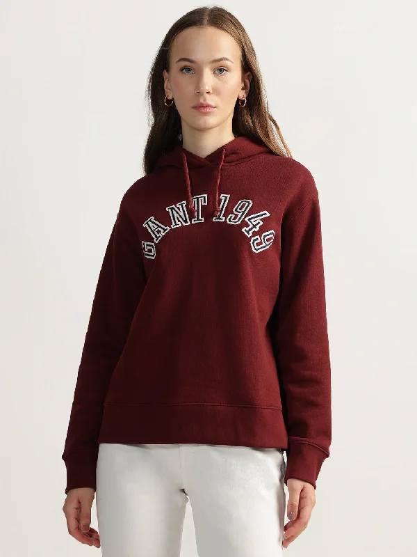 Hoodies with paw prints-Gant Women Red Printed Hooded Full Sleeves Pullover Style Sweatshirt