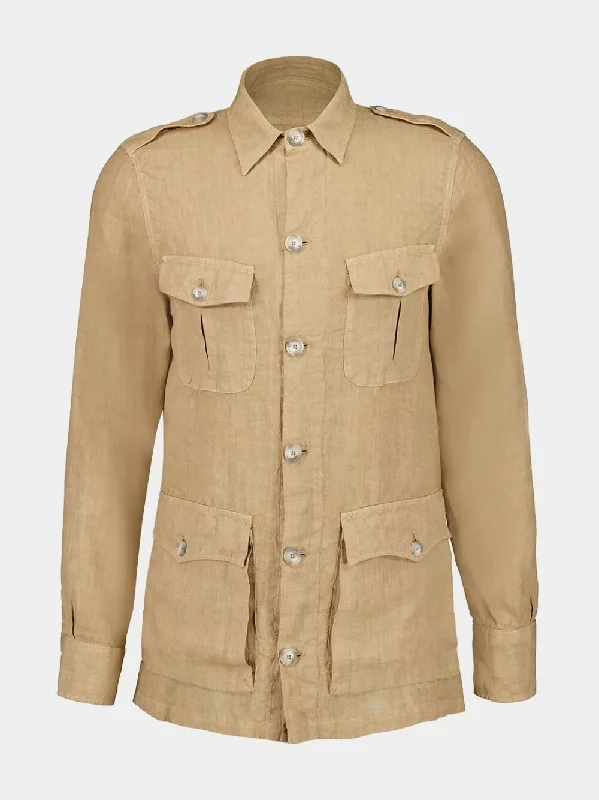 Jackets with long sleeves -Almond Linen Jacket with Pockets