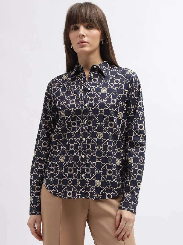 Blouses & Shirts bow-Gant Women Navy Blue Printed Spread Collar Full Sleeves Shirt