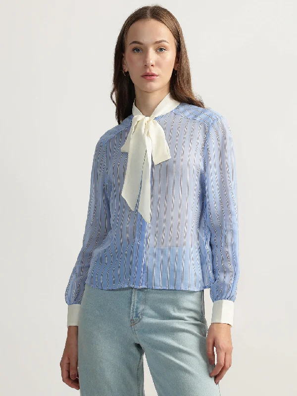 Blouses & Shirts party-Gant Women Blue Striped Tie-up Neck Full Sleeves Shirt