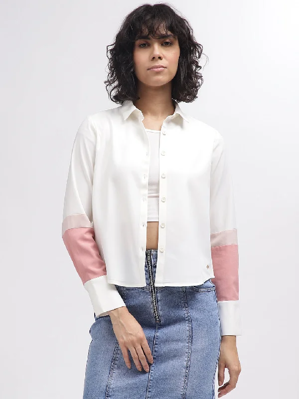 Blouses & Shirts chic-Iconic Women White Colour Blocked Spread Collar Full Sleeves Shirt