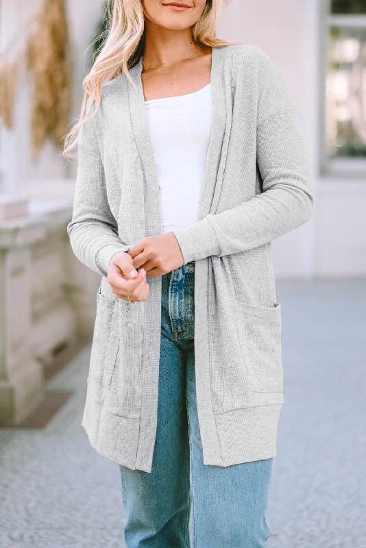 Cardigans with coordinating pieces-Pocketed Open Front Long Sleeve Cardigan