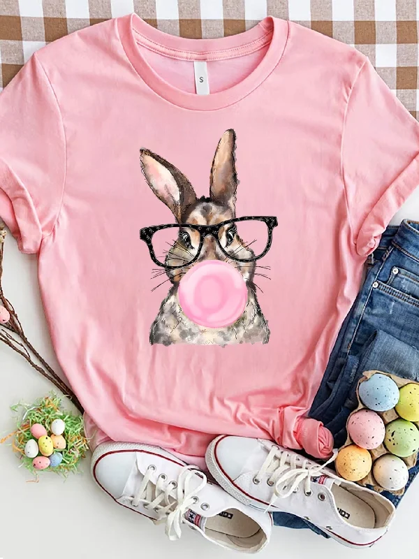 Shorts & Skirts cozy looks-Rabbit Round Neck Short Sleeve T-Shirt