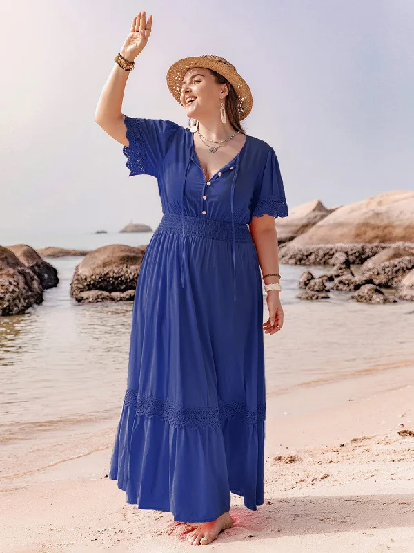 Shorts & Skirts coupon codes-Plus Size Lace Detail Tie Neck Short Sleeve Maxi Dress