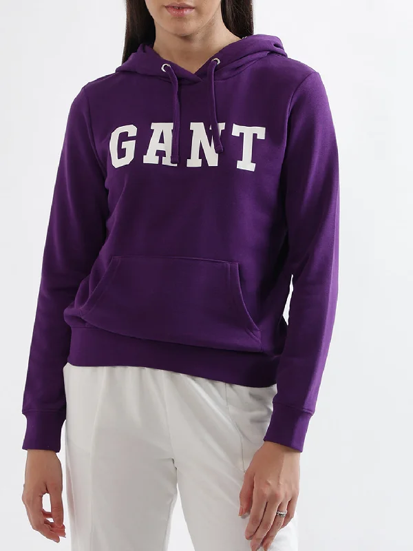 Hoodies with penguin designs-Gant Women Purple Solid Hooded Sweatshirt