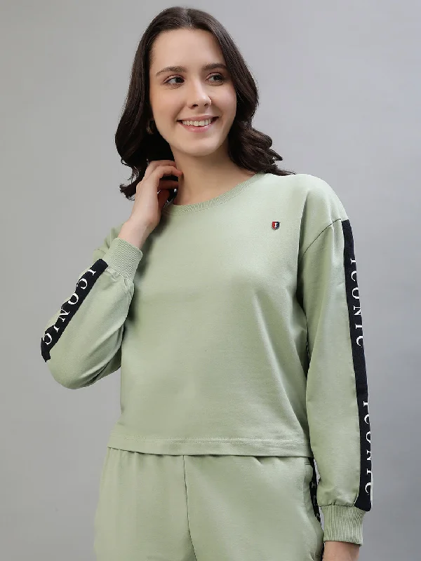 Hoodies with fish designs-Iconic Women Green Solid Round Neck Full Sleeves Sweatshirt