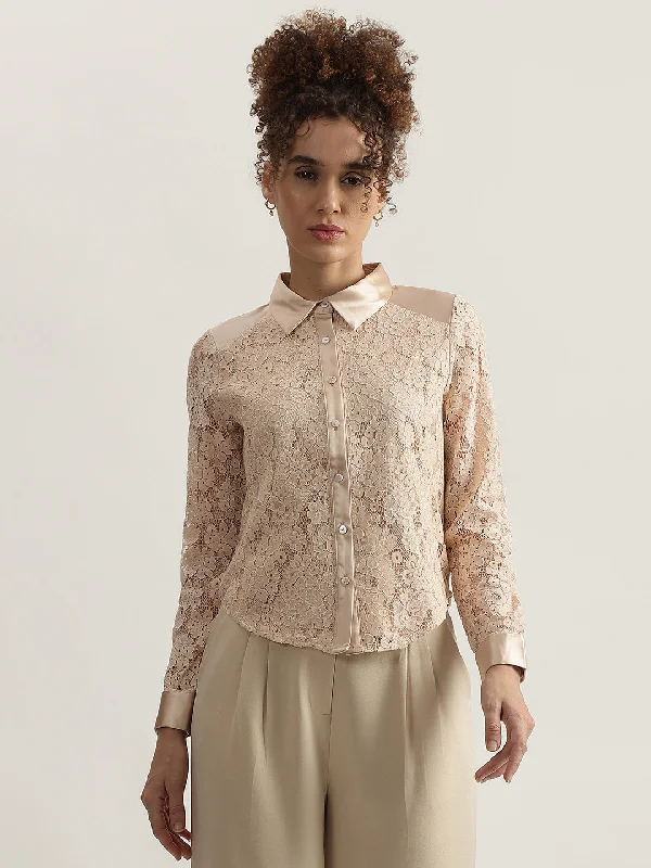 Blouses & Shirts for coupon-Centrestage Women Beige Self Design Spread Collar Full Sleeves Shirt