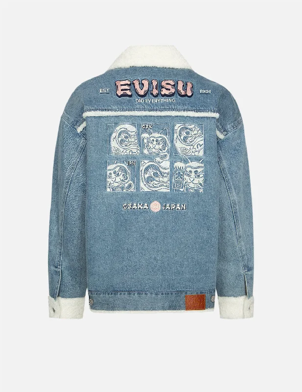 Jackets for commuters -Daruma and Fortune Cat Embroidery Sherpa-lined Denim Jacket