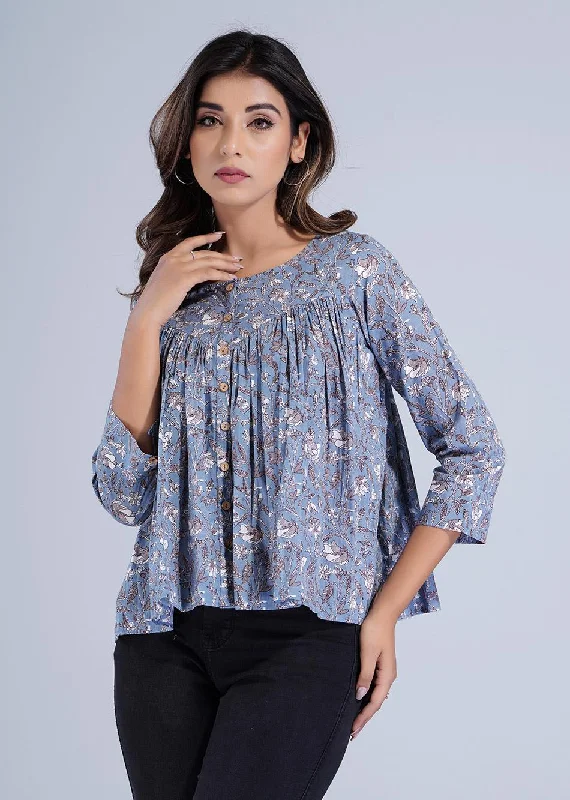 Blouses & Shirts affordable luxury-Grey Floral Gathered Crop Shirt