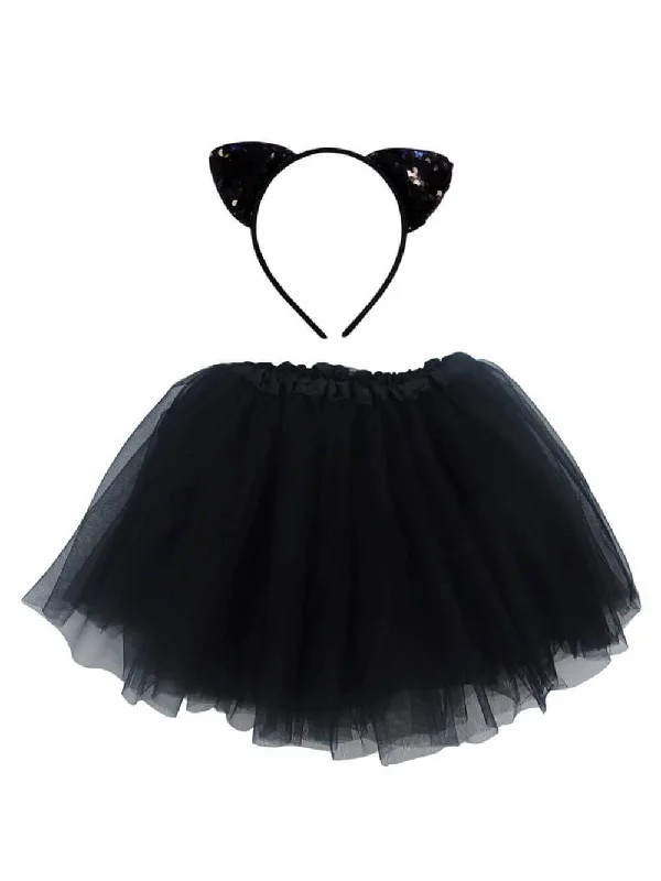 Shorts & Skirts exclusive designs-Adult Black Cat Costume - Tutu Skirt & Flip Sequin Headband Set for Adult or Plus Size