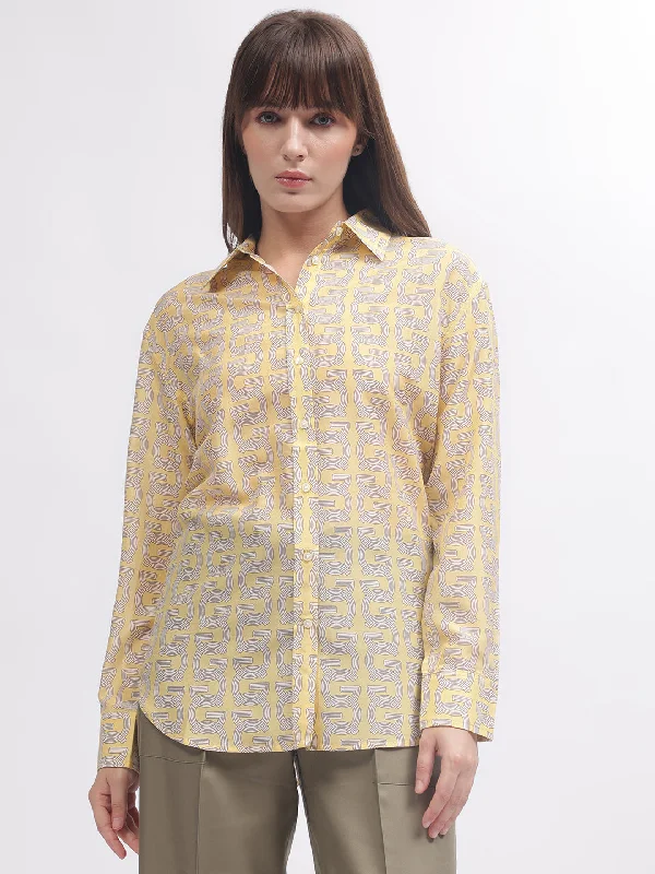 Blouses & Shirts wedding guest-Gant Women Yellow Printed Spread Collar Full Sleeves Shirt