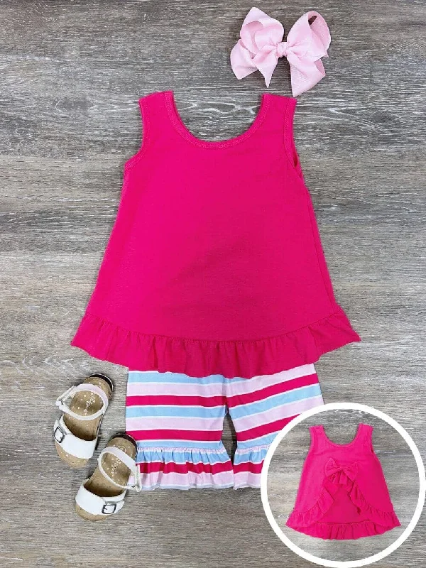 Shorts & Skirts top trends-Hot Pink Bow Ruffle Tank Girls Striped Shorts Outfit