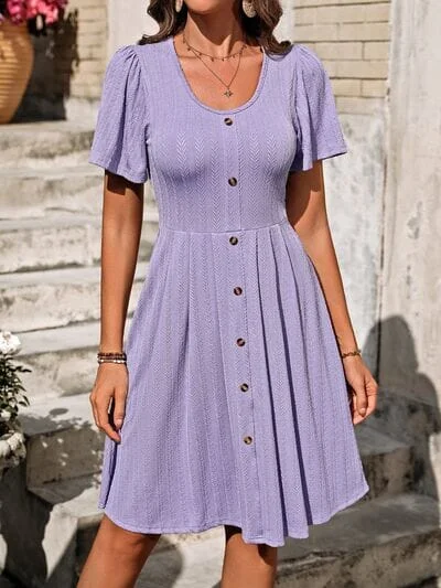 Shorts & Skirts modern looks-Decorative Button Scoop Neck Short Sleeve Dress