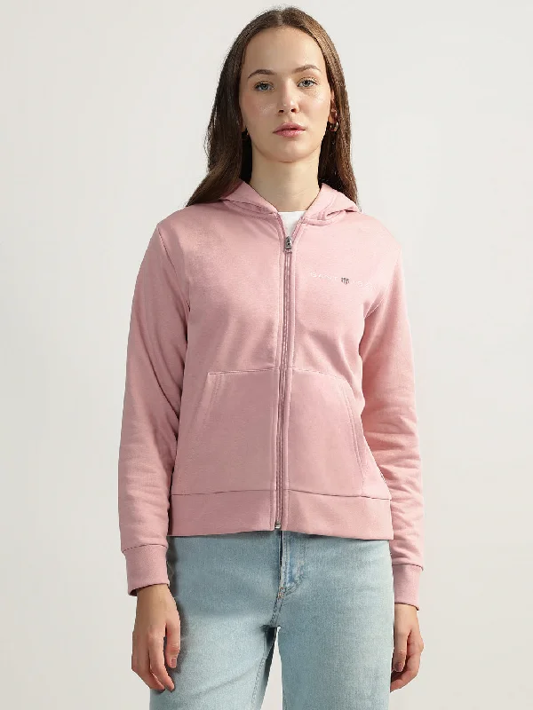 Hoodies for coders-Gant Women Pink Solid Hooded Full Sleeves Front-open Sweatshirt