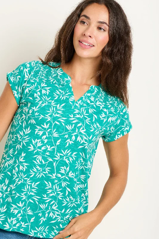 Blouses & Shirts for YouTube-Notch Neck  Bamboo Leaves Tshirt