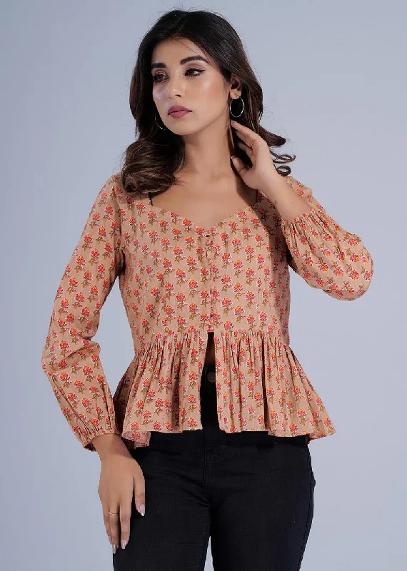 Blouses & Shirts glitter-Orange Printed Potli Button Crop Shirt