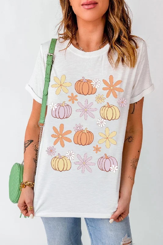 Shorts & Skirts premium range-Pumpkin & Flower Round Neck Short Sleeve T-Shirt