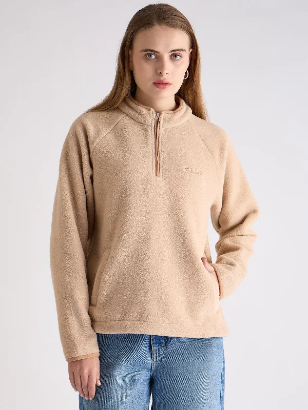 Hoodies for tech enthusiasts-Elle Women Beige Self-Design Mock Neck Full Sleeves Sweatshirt