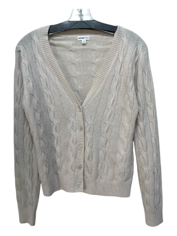 Cardigans with swimsuit cover-Minnie Rose Size S Beige Cashmere Cable Knit Button Up Ribbed Cardigan