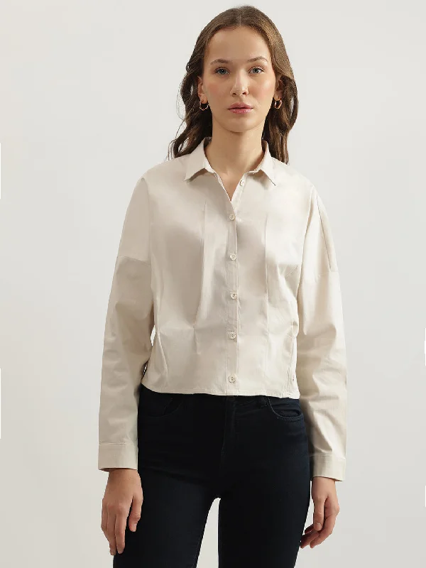 Blouses & Shirts for membership-Iconic Women Beige Solid Spread Collar Full Sleeves Shirt