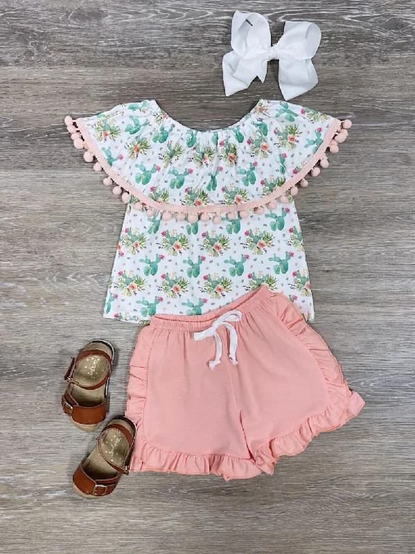 Shorts & Skirts trendy cuts-Cactus Life Girls Peach Ruffle Shorts Outfit