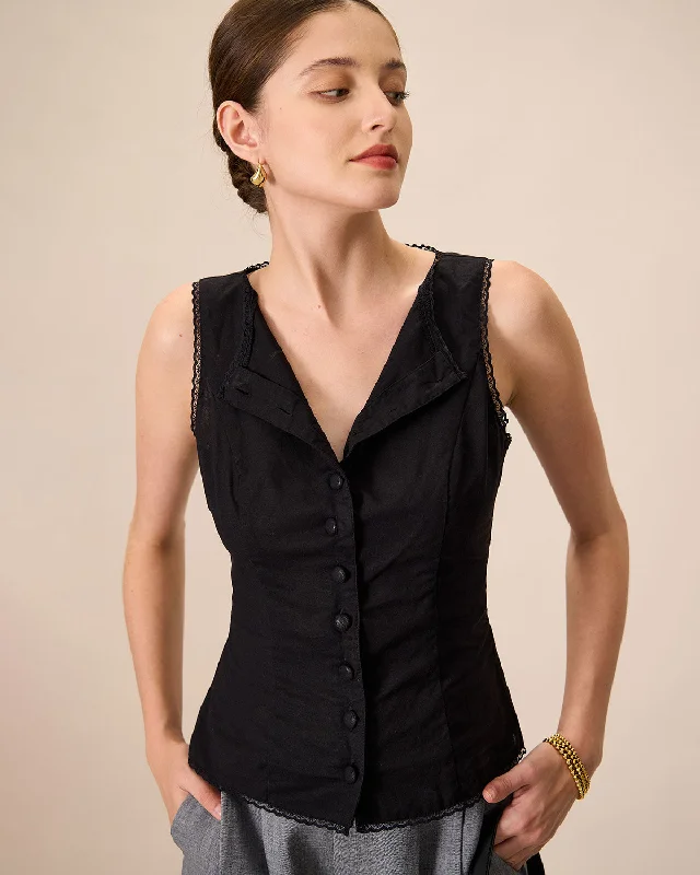 Waistcoats & Vest with 1950s vibe-Women's Black Boat Neck Cotton Linen Vest