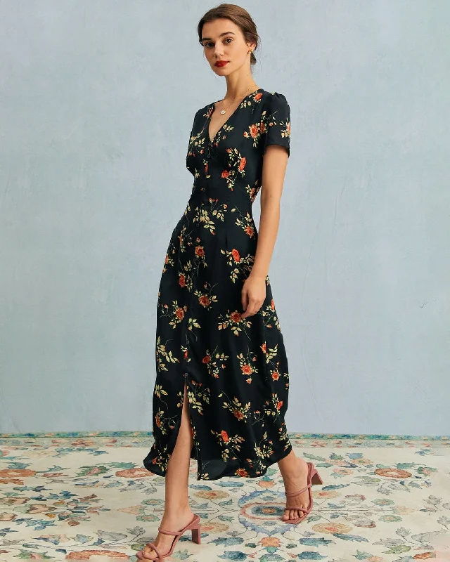 Shorts & Skirts premium looks-The Black V Neck Floral Short Sleeve Maxi Dress