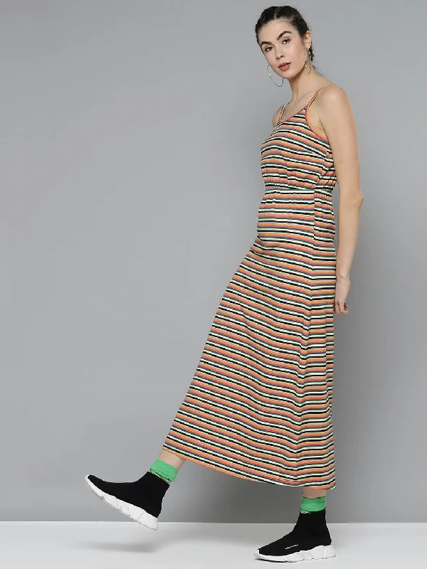 Dresses for maternity-Multicolor Stripes Strappy Maxi Dress