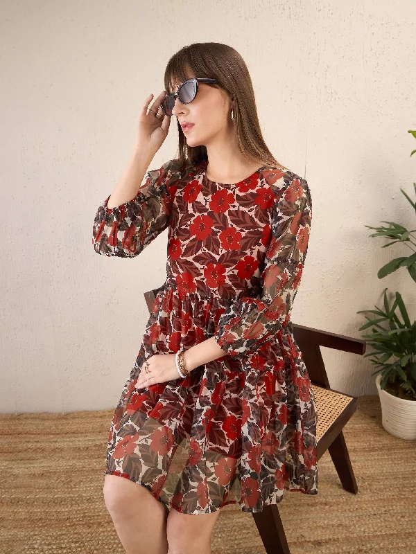 Dresses for evening-Women Red Floral Organza Tiered Short Dress