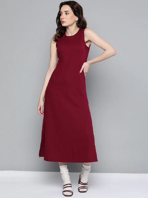 Dresses for fall-Maroon Rib A-Line Maxi Dress