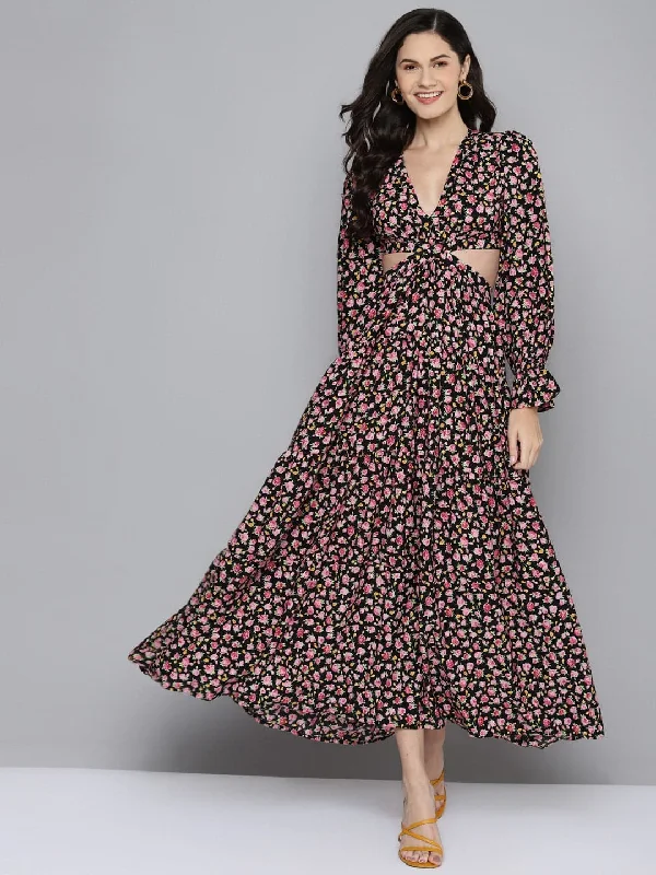 Dresses for rare find-Women Black Ditsy Floral Waist Cut-Out Maxi Dress