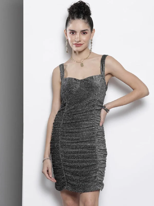 Dresses for expensive taste-Women Silver Lurex Ruched Bodycon Dress