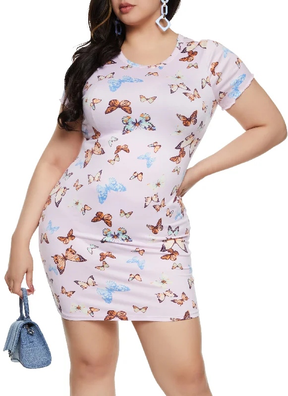 Dresses for ankle length-Plus Size Butterfly Printed T Shirt Dress