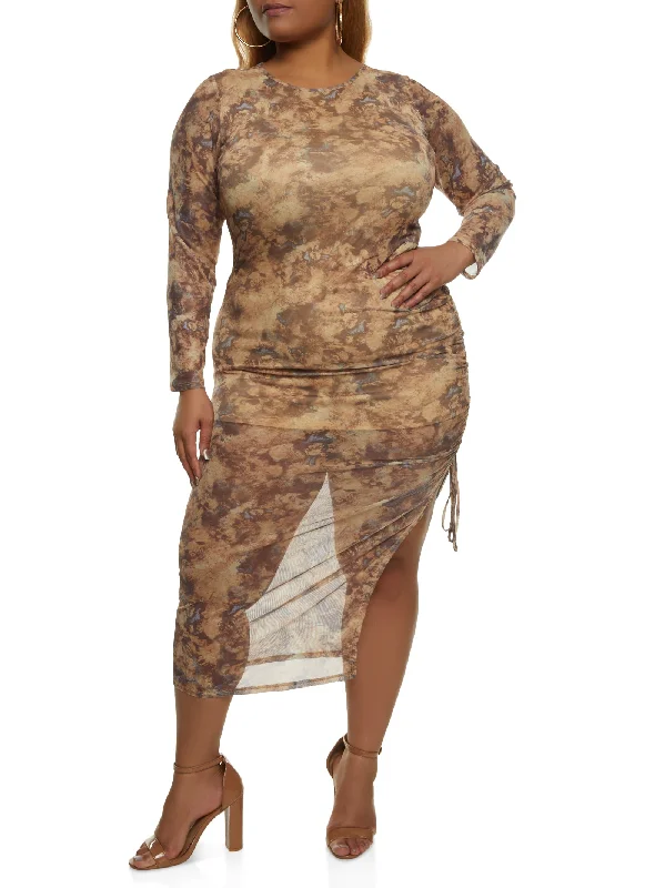 Dresses for retail therapy-Plus Size Mesh Printed Side Slit Maxi Dress