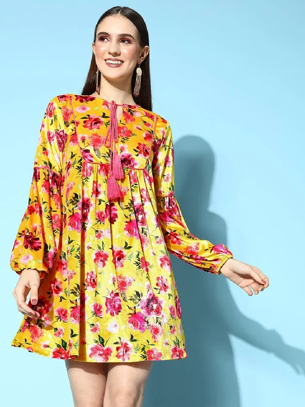 Dresses for housewarming-Women Yellow Floral Velvet Tie-Up Skater Dress