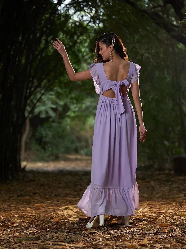 Dresses for cocktail party-Women Lavender Square Neck Frill Hem Maxi Dress