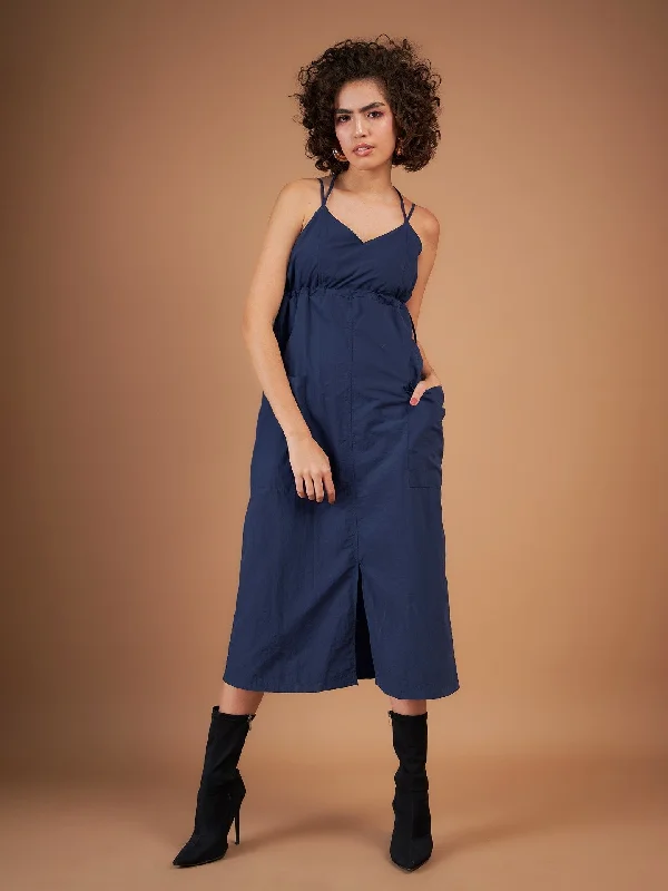 Dresses for cheerleading-Women Navy Front Pockets Parachute Dungaree Dress