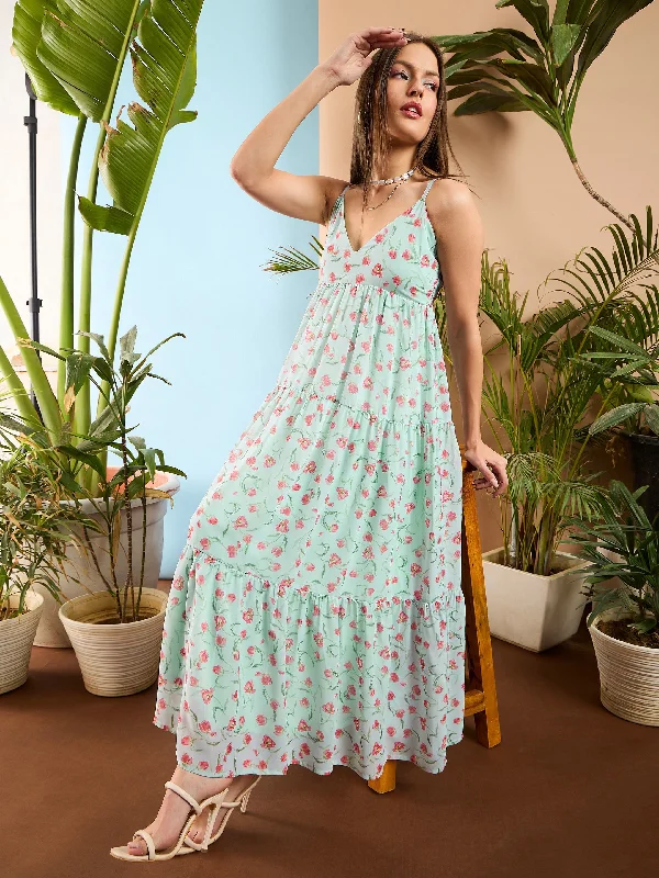 Dresses for heritage-Women See Green Floral Strappy Tiered Maxi Dress