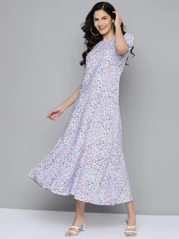 Dresses for exclusive design-Women Blue Ditsy Floral Puff Sleeve Tiered Maxi Dress